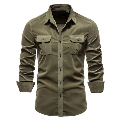 Men's casual long-sleeve shirt with chest pockets in brown and olive green