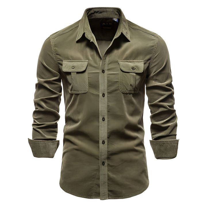 Men's casual long-sleeve shirt with chest pockets in brown and olive green