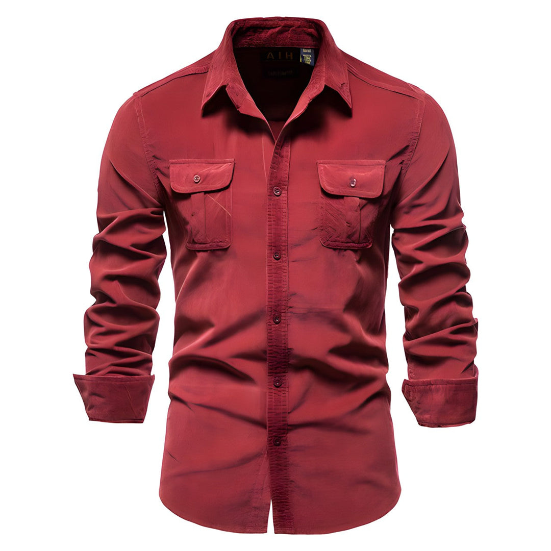 Men's casual long-sleeve shirt with chest pockets in brown and olive green