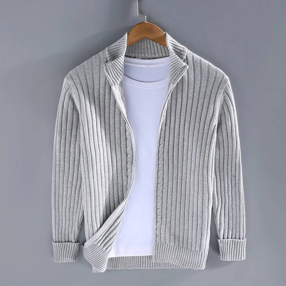 Men's ribbed zip cardigan with stand collar and long sleeves
