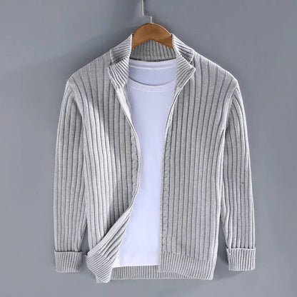 Men's ribbed zip cardigan with stand collar and long sleeves