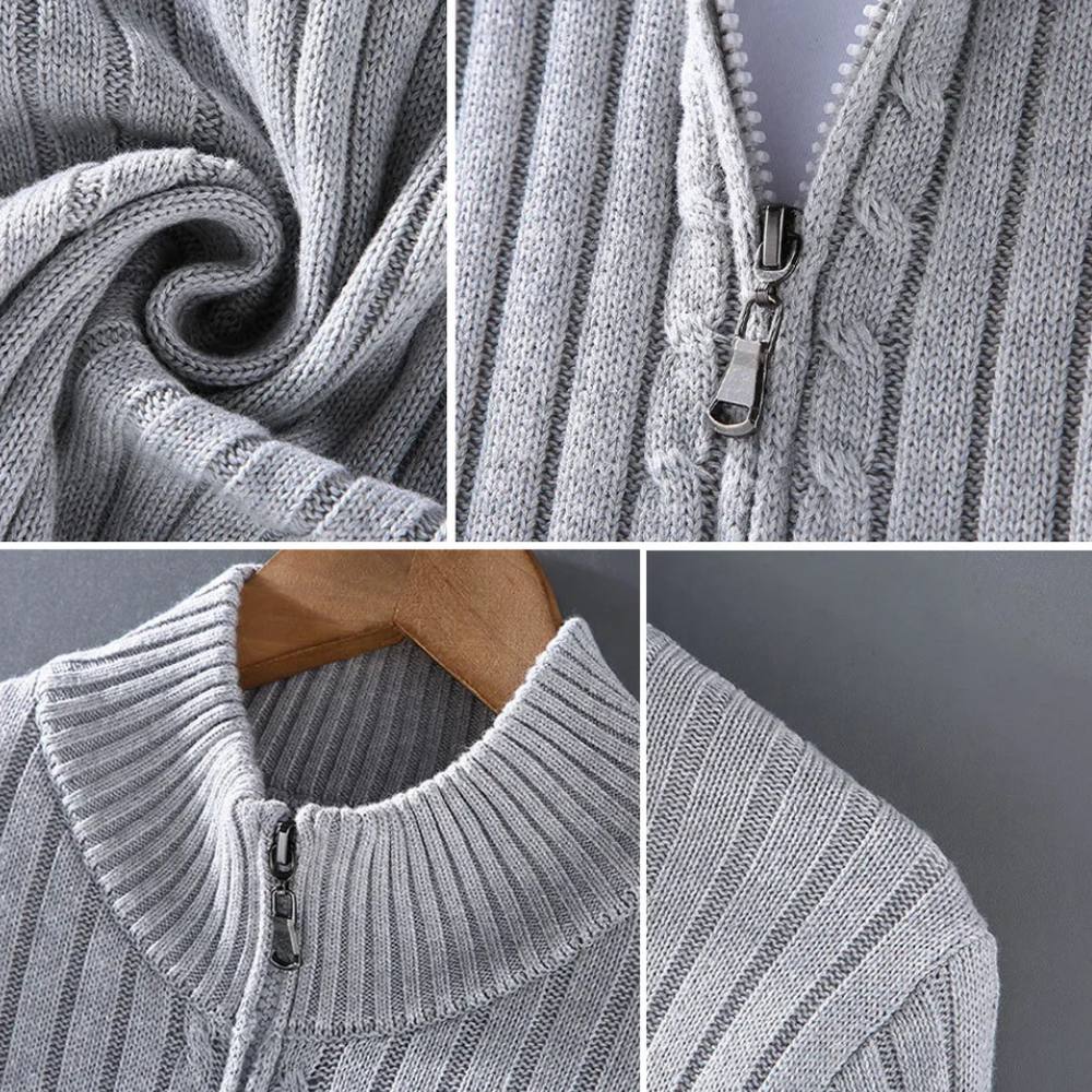 Men's ribbed zip cardigan with stand collar and long sleeves