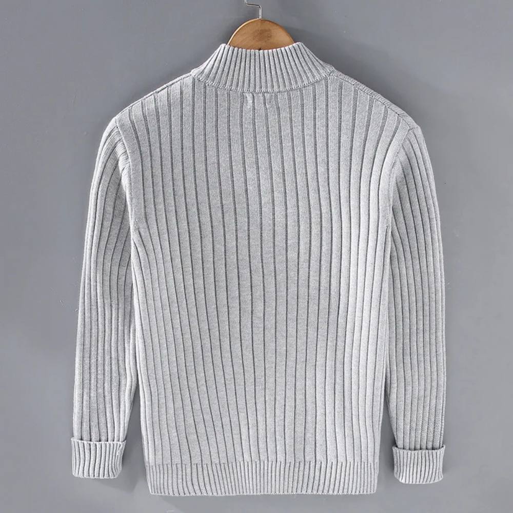 Men's ribbed zip cardigan with stand collar and long sleeves