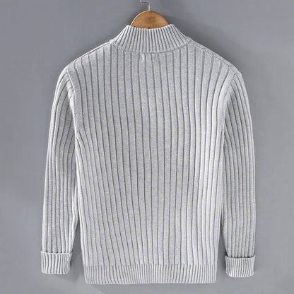 Men's ribbed zip cardigan with stand collar and long sleeves