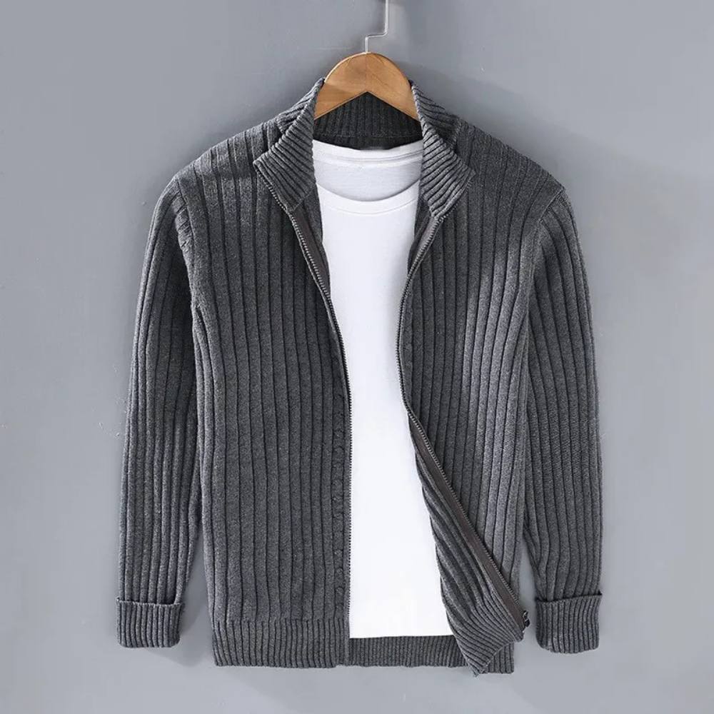 Men's ribbed zip cardigan with stand collar and long sleeves