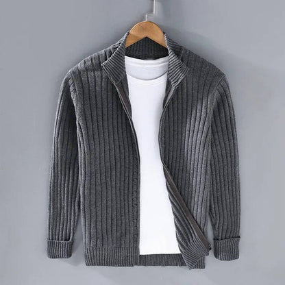 Men's ribbed zip cardigan with stand collar and long sleeves