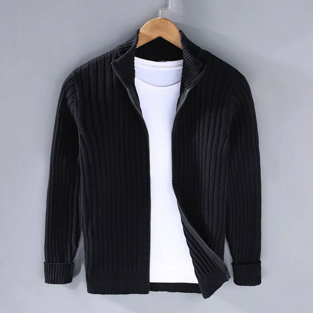 Men's ribbed zip cardigan with stand collar and long sleeves