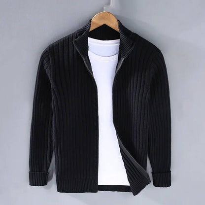 Men's ribbed zip cardigan with stand collar and long sleeves