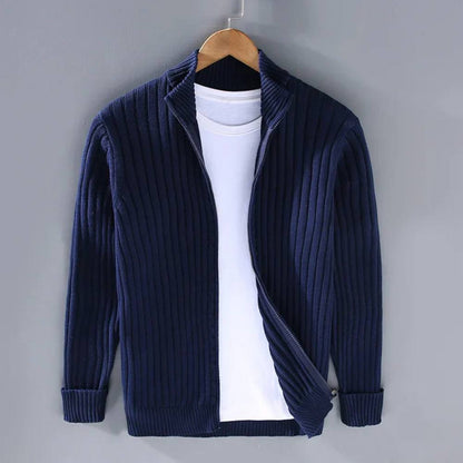 Men's ribbed zip cardigan with stand collar and long sleeves
