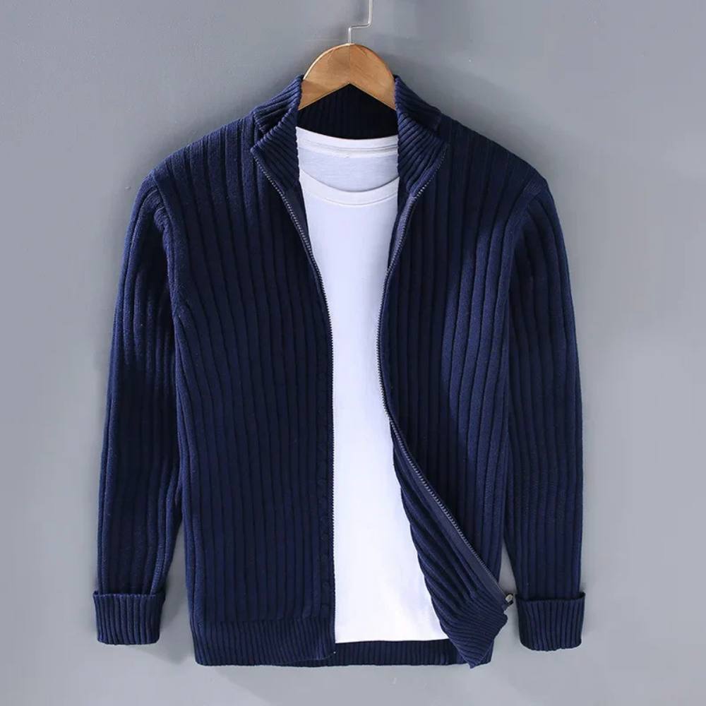 Men's ribbed zip cardigan with stand collar and long sleeves