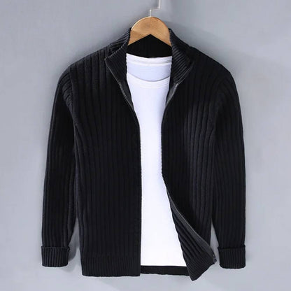 Men's ribbed zip cardigan with stand collar and long sleeves