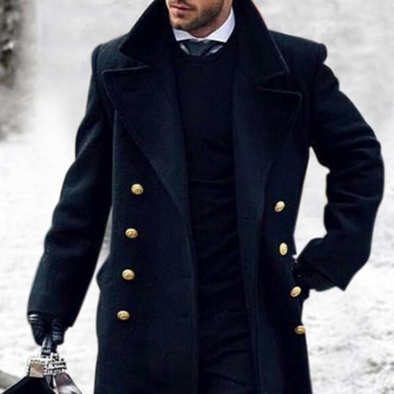 Men's navy long double-breasted coat with notched lapels