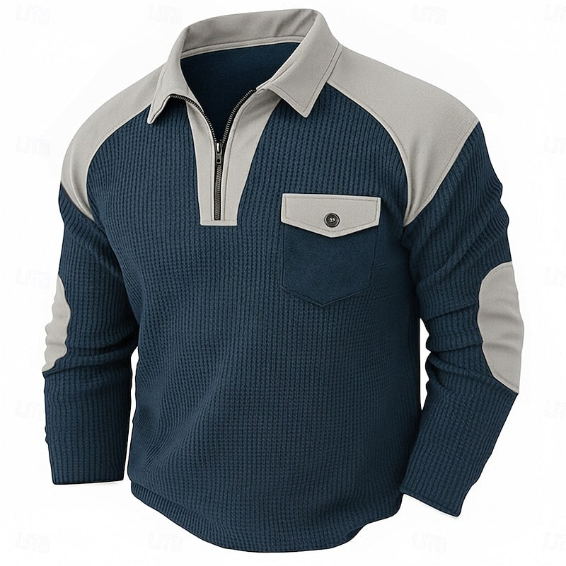 Men's long-sleeved ribbed quarter-zip jumper with contrast panels, elbow patches and chest pocket
