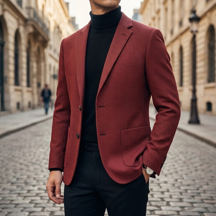 Men's slim fit textured blazer with notch lapels, long sleeves and front buttons
