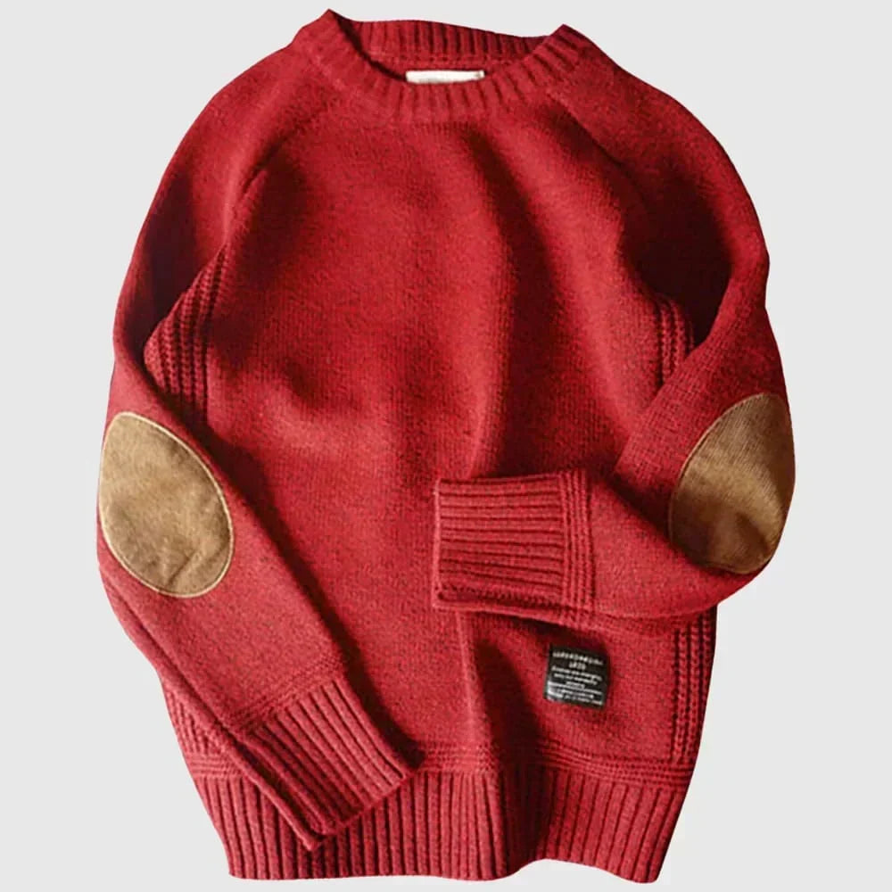 Men's knitted crew neck jumper with contrasting elbow patches and ribbed trims