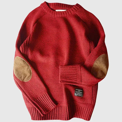 Men's knitted crew neck jumper with contrasting elbow patches and ribbed trims