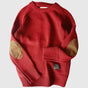 Men's knitted crew neck jumper with contrasting elbow patches and ribbed trims