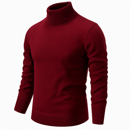 Men's beige turtleneck sweater with ribbed collar and long sleeves