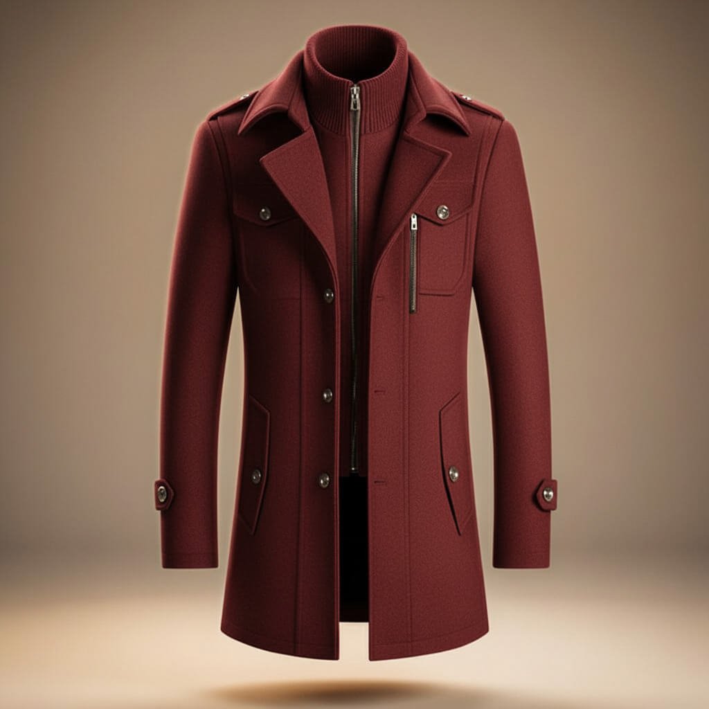 Structured long coat with high collar, lapels, button front and multiple pockets