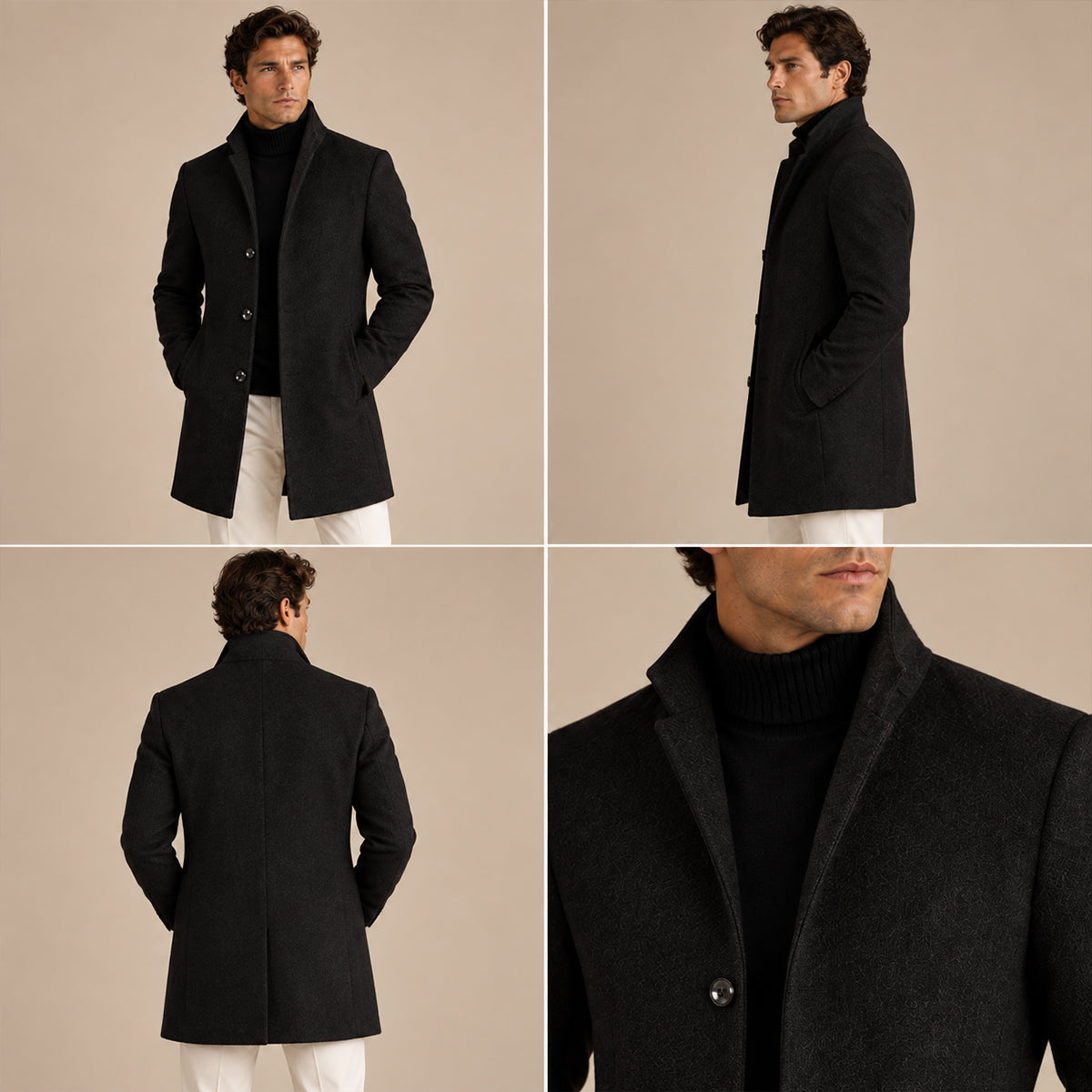 Men's single-breasted overcoat with notched lapels, long sleeves and side pockets