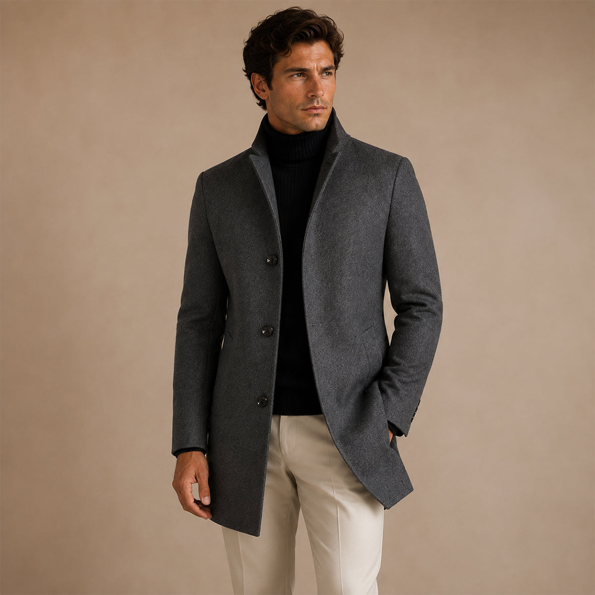 Men's single-breasted overcoat with notched lapels, long sleeves and side pockets