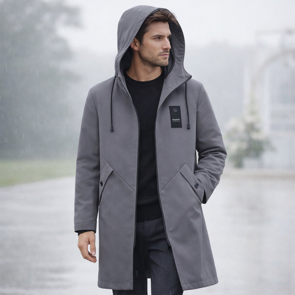 Men's long hooded rain jacket with zip front and covered pockets