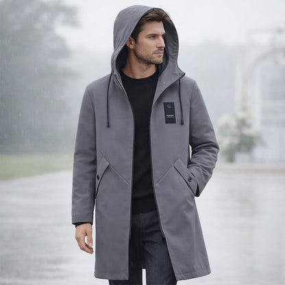 Men's long hooded rain jacket with zip front and covered pockets