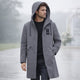 Men's long hooded rain jacket with zip front and covered pockets