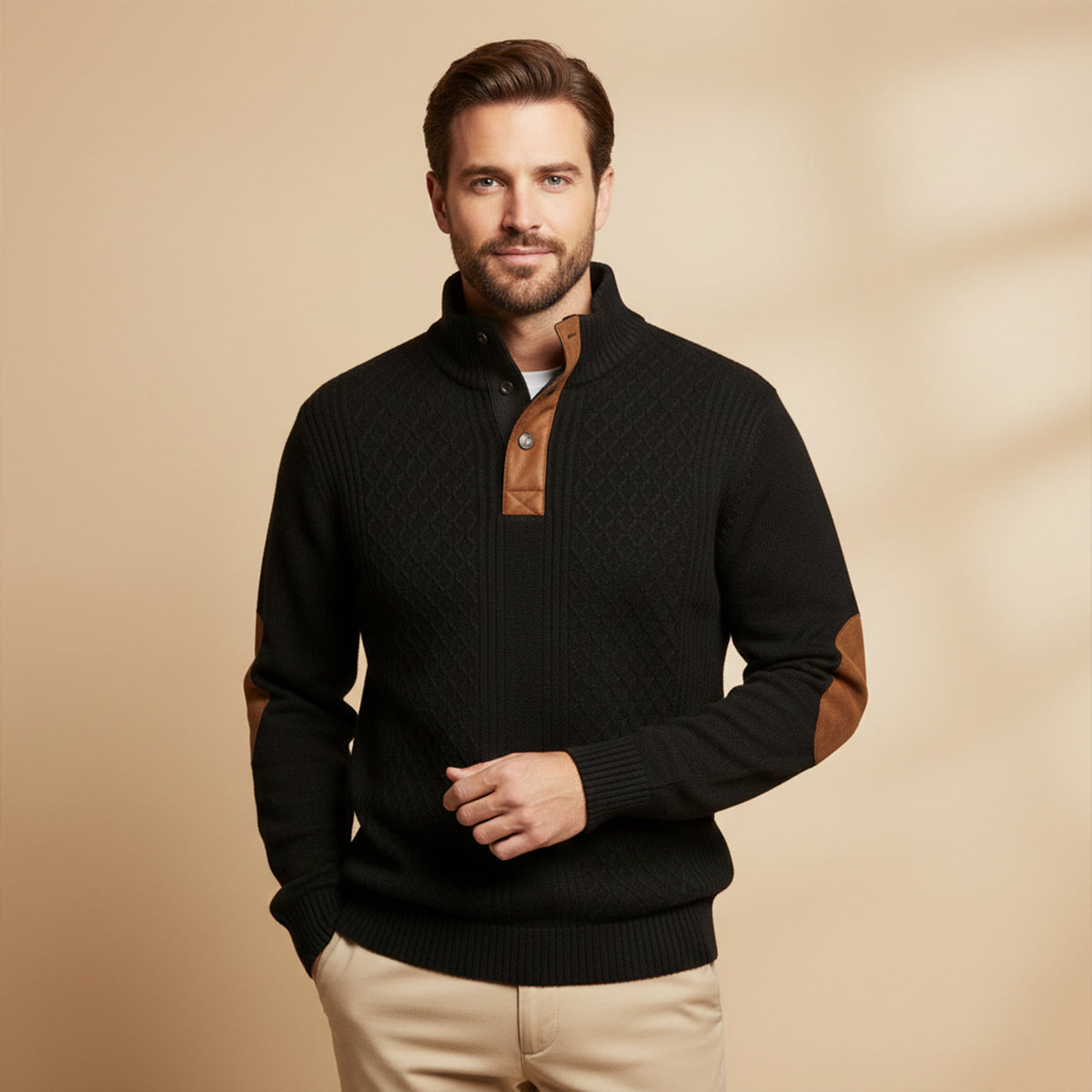 Men's textured knit jumper with high collar, button placket and contrast elbow patches