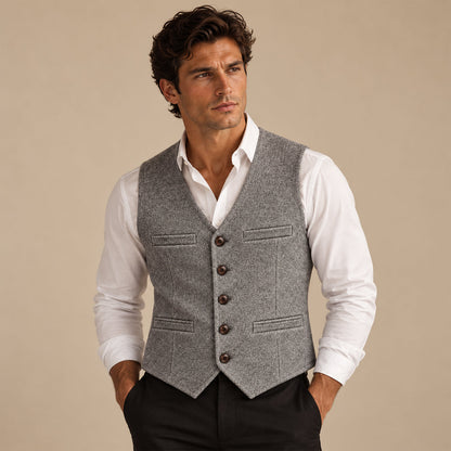 Men's sleeveless textured button waistcoat with V-neck and front pockets