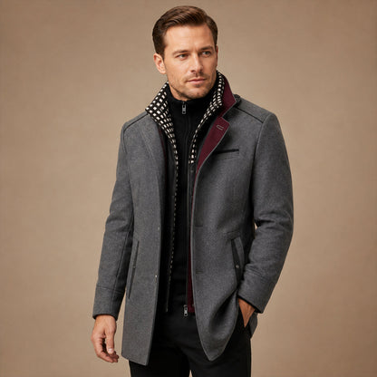Men's structured trench coat with stand collar, button front and checked trim