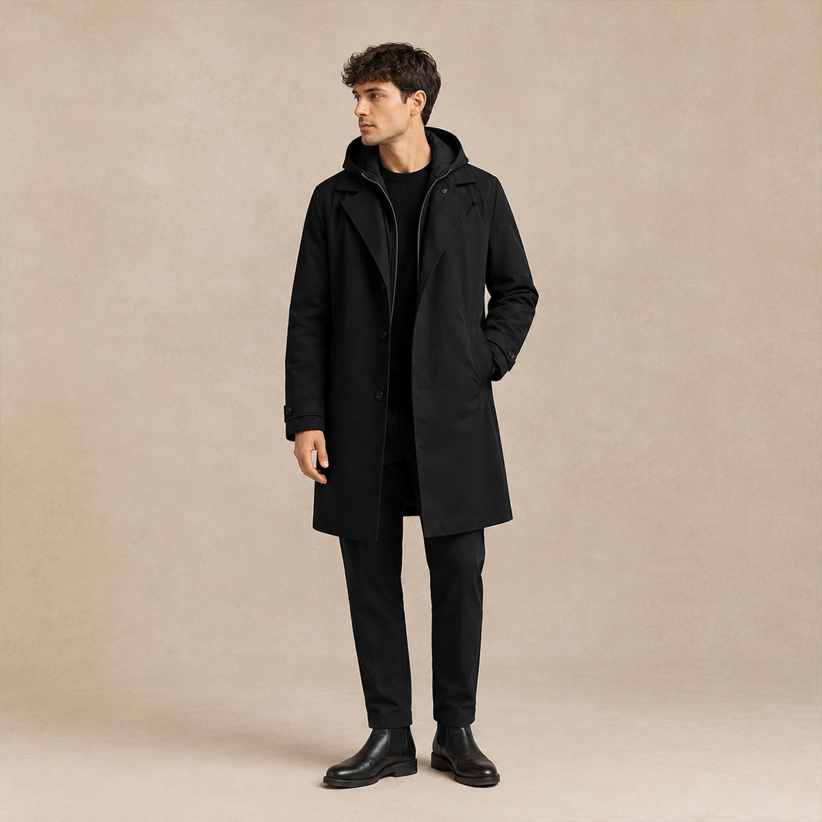 Men's hooded long parka coat with lapels, button front and side pockets