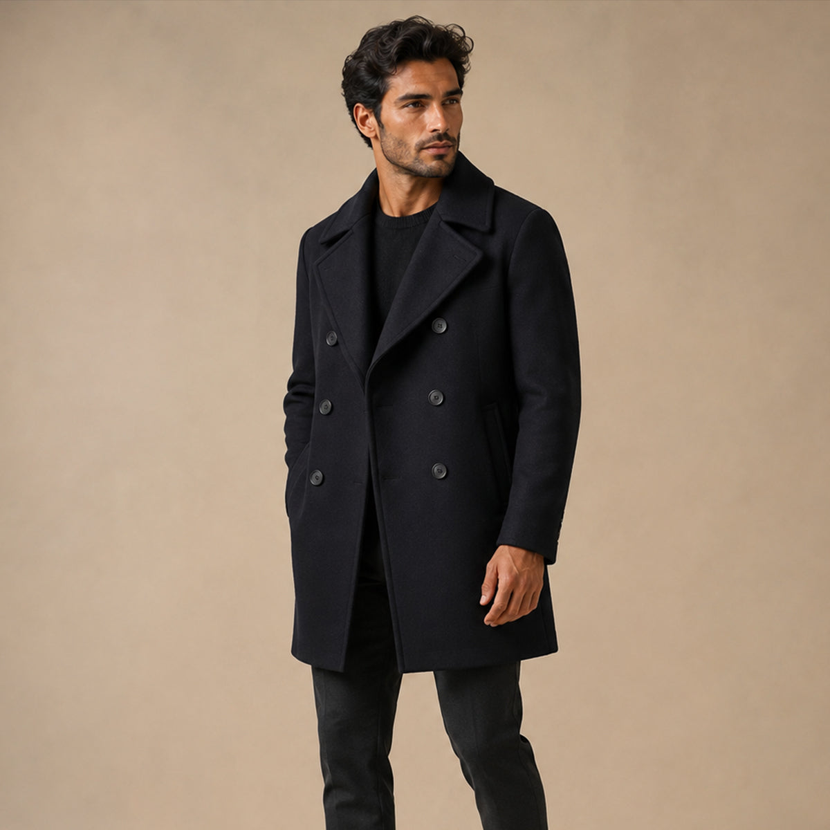 Men's black double-breasted peacoat with notched lapels and long sleeves