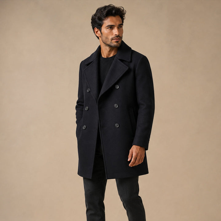 Men's black double-breasted peacoat with notched lapels and long sleeves