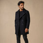 Men's black double-breasted peacoat with notched lapels and long sleeves