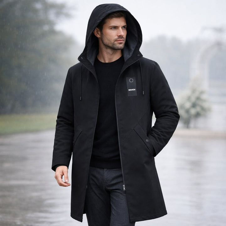 Men's long hooded rain jacket with zip front and covered pockets