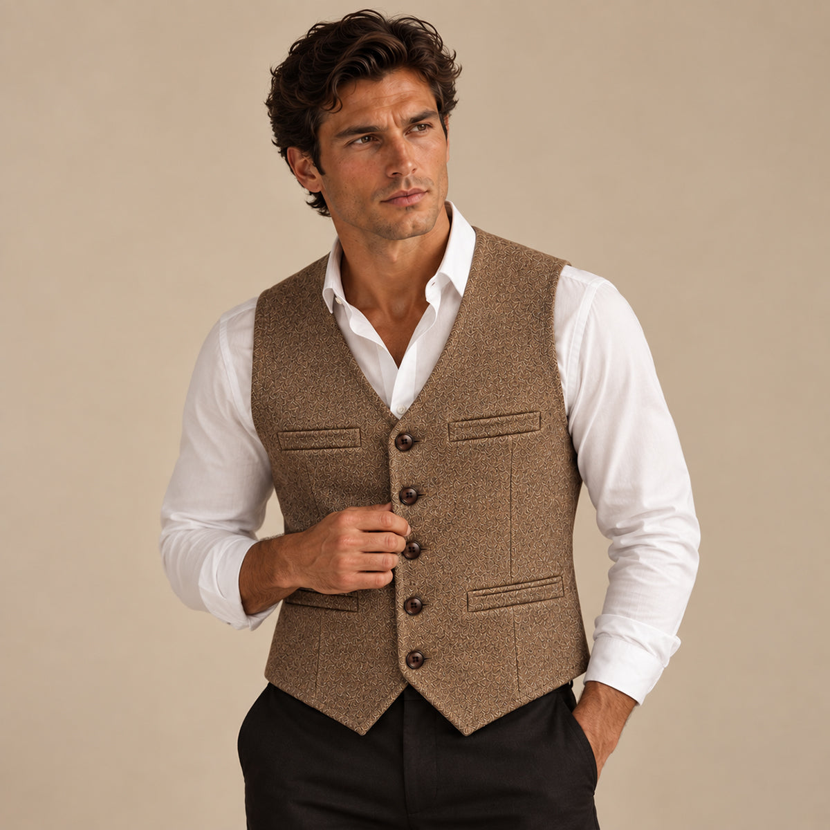 Men's sleeveless textured button waistcoat with V-neck and front pockets