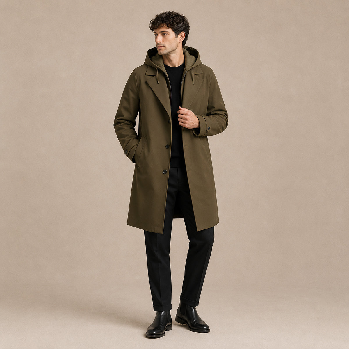 Men's hooded long parka coat with lapels, button front and side pockets