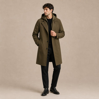 Men's hooded long parka coat with lapels, button front and side pockets