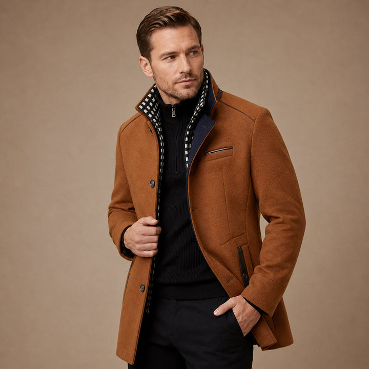 Men's structured trench coat with stand collar, button front and checked trim