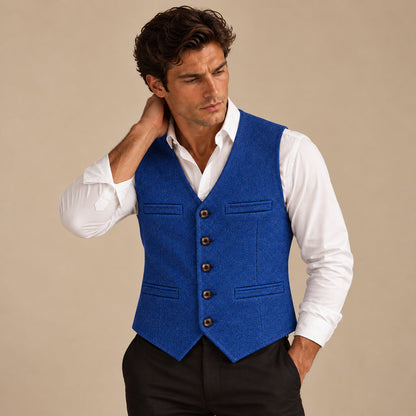 Men's sleeveless textured button waistcoat with V-neck and front pockets
