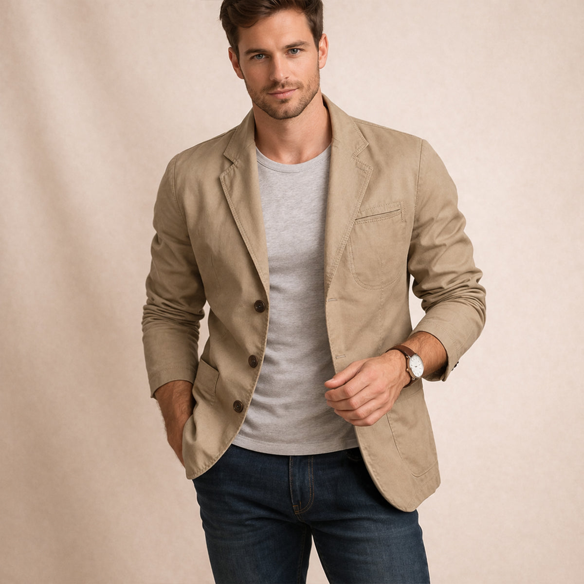 Men's blazer with notched lapels, long sleeves, button front and multiple pockets