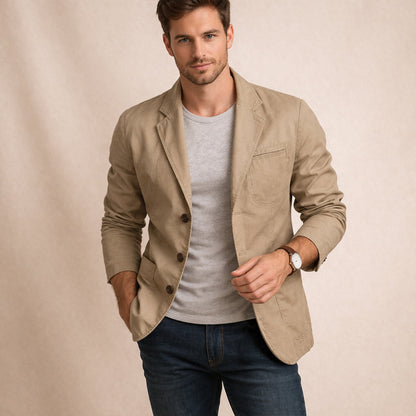 Men's blazer with notched lapels, long sleeves, button front and multiple pockets