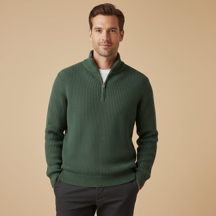 Men's ribbed knit half-zip sweater with mock neck and long sleeves