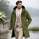 Men's long hooded rain jacket with zip front and covered pockets