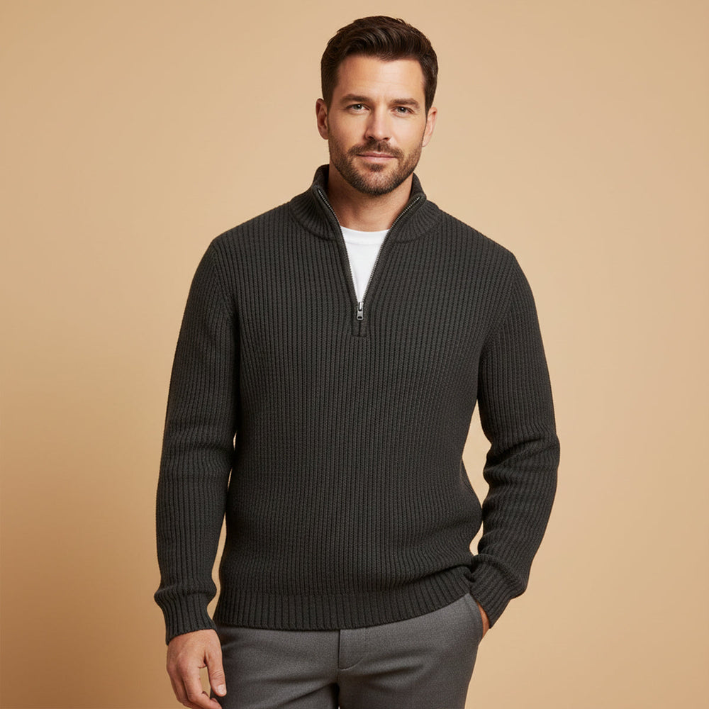 Men's ribbed knit half-zip sweater with mock neck and long sleeves