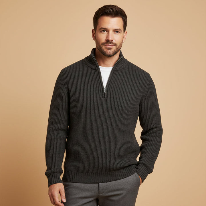Men's ribbed knit half-zip sweater with mock neck and long sleeves