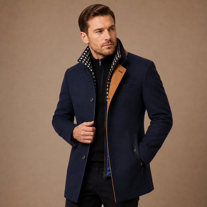 Men's structured trench coat with stand collar, button front and checked trim
