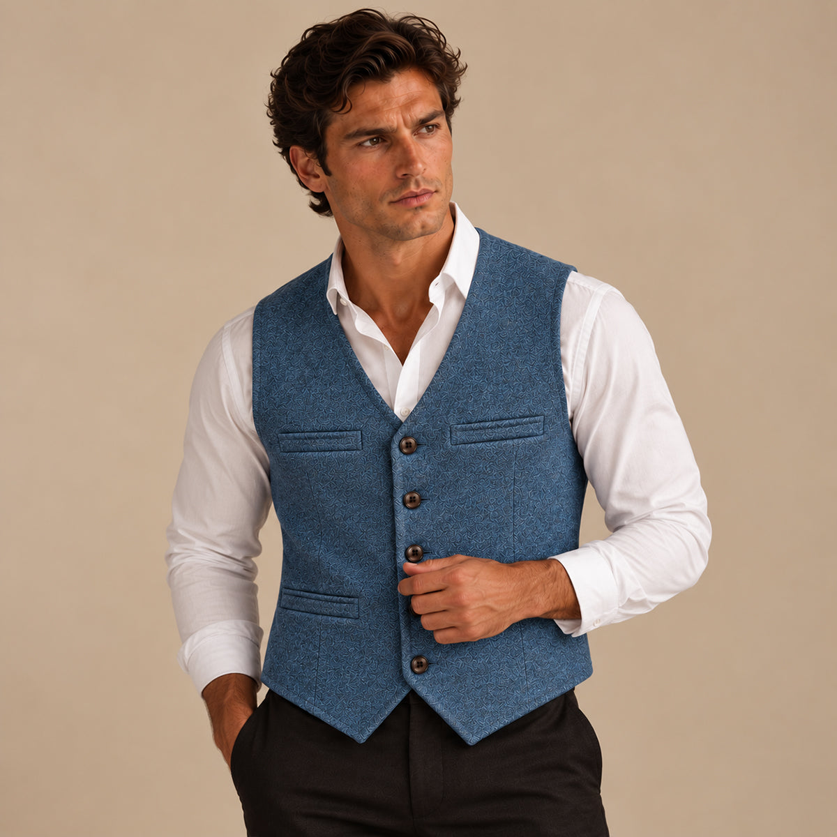 Men's sleeveless textured button waistcoat with V-neck and front pockets