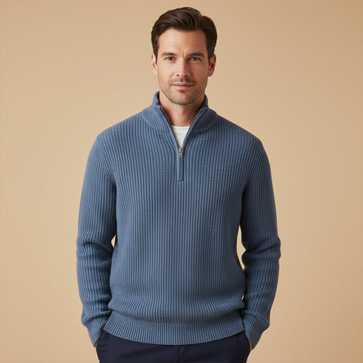 Men's ribbed knit half-zip sweater with mock neck and long sleeves